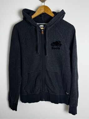 Roots Salt & Pepper Zip Hoodie L Black Beaver Logo Cabin Core